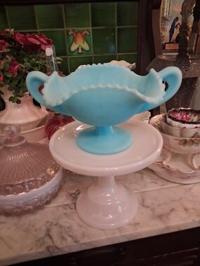 Fenton Blue Satin Compote Bowl with Scalloped Edge and Handles